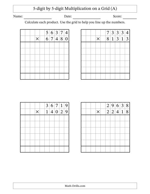 The 5-digit by 5-digit Multiplication with Grid Support (A) Math Worksheet