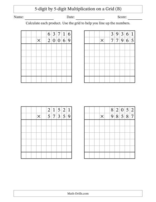 The 5-digit by 5-digit Multiplication with Grid Support (B) Math Worksheet