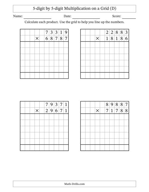 The 5-digit by 5-digit Multiplication with Grid Support (D) Math Worksheet
