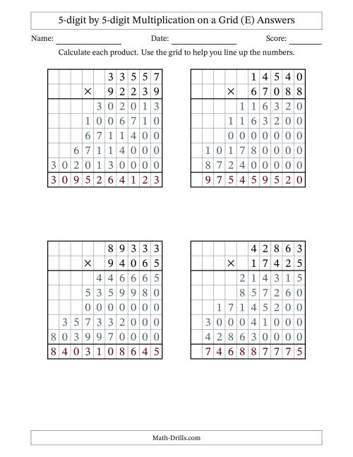 The 5-digit by 5-digit Multiplication with Grid Support (E) Math Worksheet Page 2