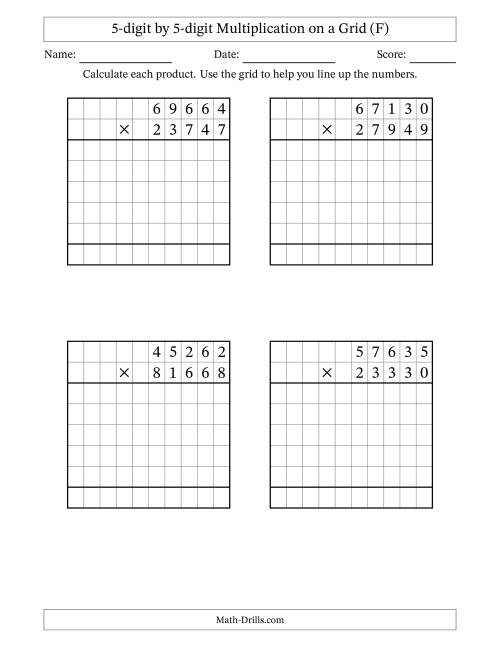 The 5-digit by 5-digit Multiplication with Grid Support (F) Math Worksheet