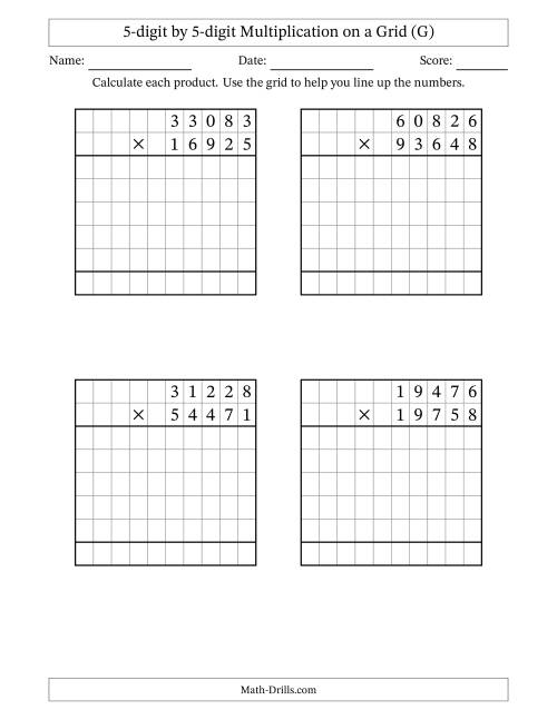 The 5-digit by 5-digit Multiplication with Grid Support (G) Math Worksheet
