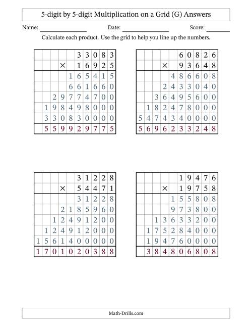 The 5-digit by 5-digit Multiplication with Grid Support (G) Math Worksheet Page 2