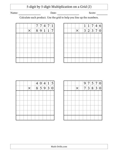 The 5-digit by 5-digit Multiplication with Grid Support (J) Math Worksheet