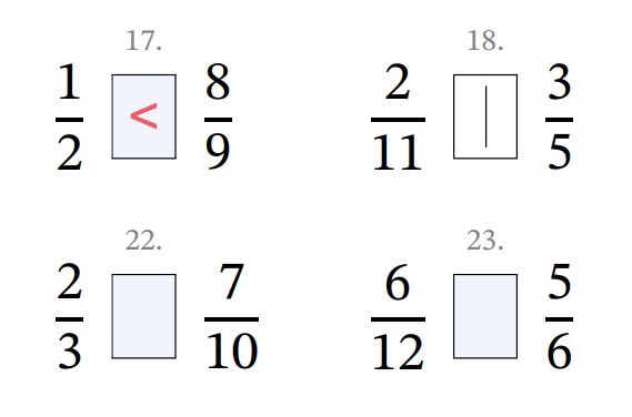 Comparing proper fractions example questions with one filled in