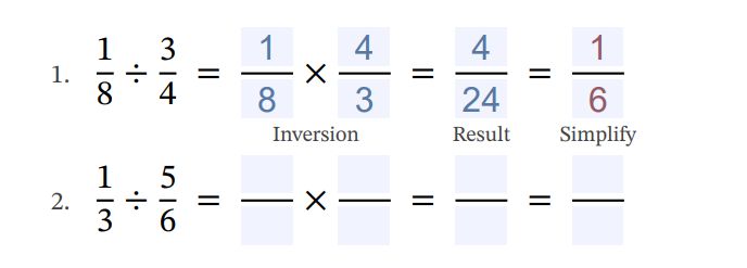 Multiplying and Dividing Proper Fractions with All Simplifying (Fillable) example with first question filled.