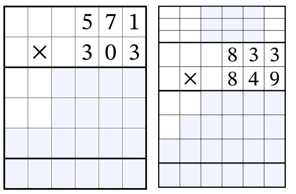 Side-by-side comparison of February vs. August long multiplication question with grid support.