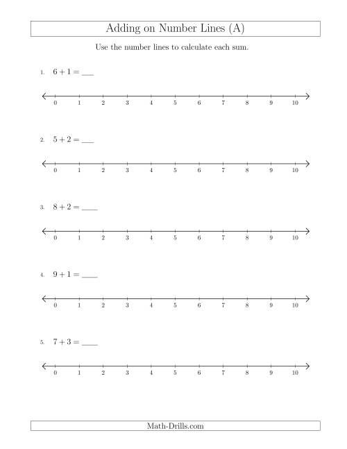 The Adding up to 10 on Number Lines with Intervals of 1 (A) Math Worksheet