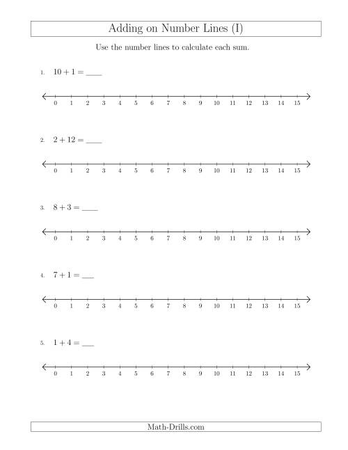 The Adding up to 15 on Number Lines with Intervals of 1 (I) Math Worksheet