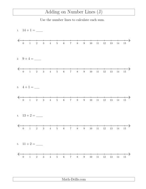The Adding up to 15 on Number Lines with Intervals of 1 (J) Math Worksheet