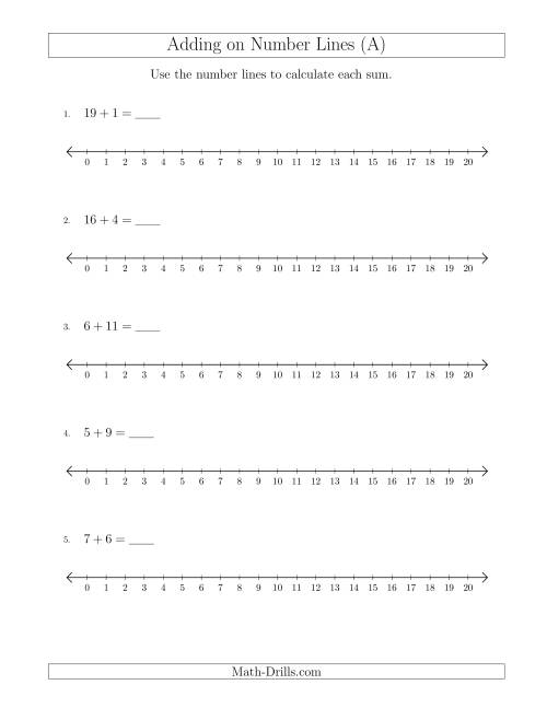 The Adding up to 20 on Number Lines with Intervals of 1 (A) Math Worksheet
