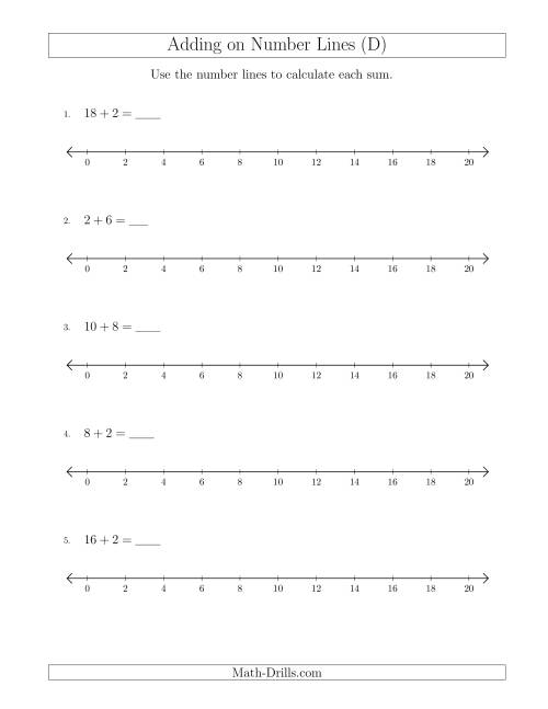 The Adding up to 20 on Number Lines with Intervals of 2 (D) Math Worksheet