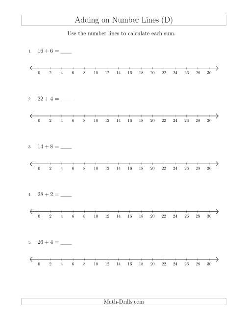 The Adding up to 30 on Number Lines with Intervals of 2 (D) Math Worksheet