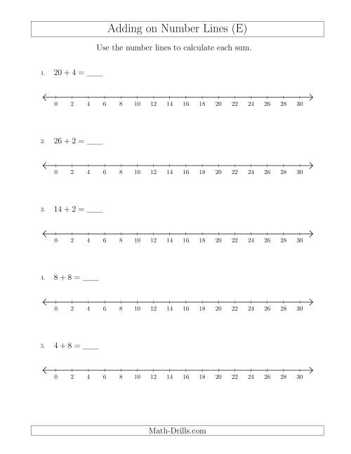 The Adding up to 30 on Number Lines with Intervals of 2 (E) Math Worksheet