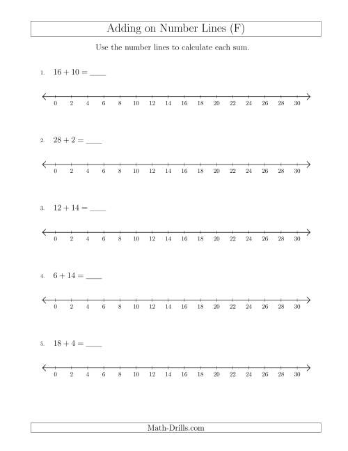 The Adding up to 30 on Number Lines with Intervals of 2 (F) Math Worksheet