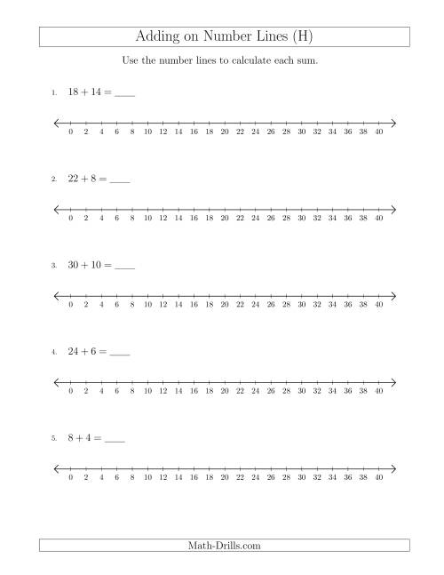 The Adding up to 40 on Number Lines with Intervals of 2 (H) Math Worksheet