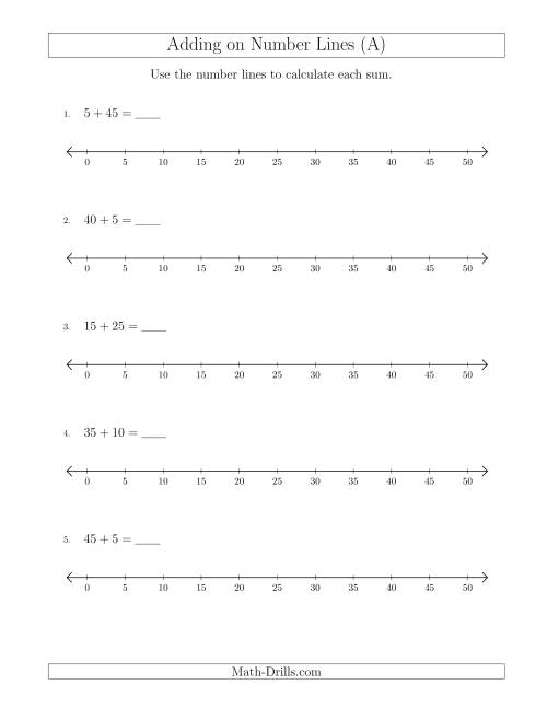 The Adding up to 50 on Number Lines with Intervals of 5 (A) Math Worksheet