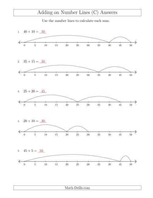 The Adding up to 50 on Number Lines with Intervals of 5 (C) Math Worksheet Page 2