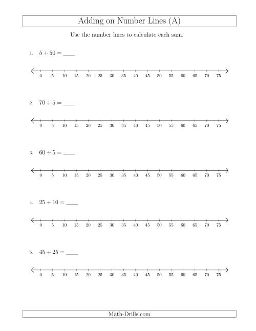 The Adding up to 75 on Number Lines with Intervals of 5 (A) Math Worksheet