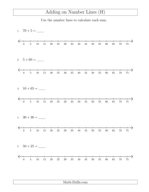 The Adding up to 75 on Number Lines with Intervals of 5 (H) Math Worksheet