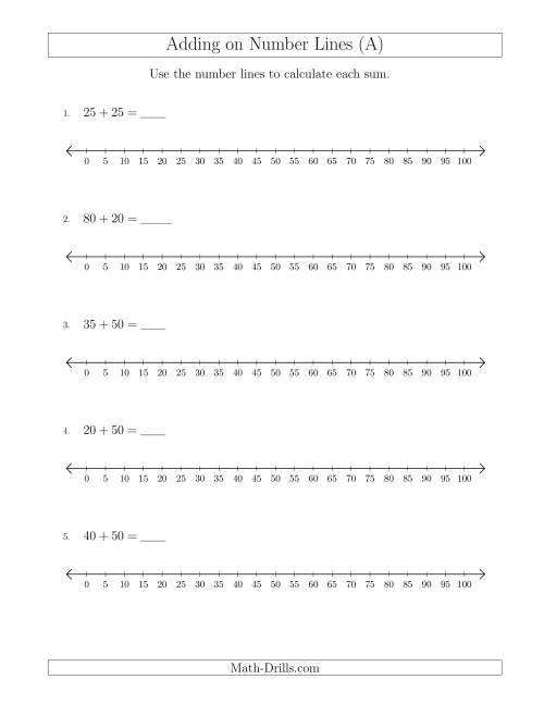 The Adding up to 100 on Number Lines with Intervals of 5 (A) Math Worksheet