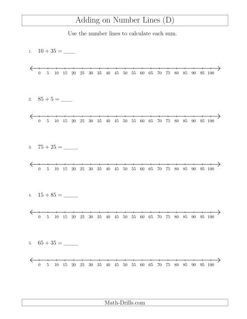 The Adding up to 100 on Number Lines with Intervals of 5 (D) Math Worksheet
