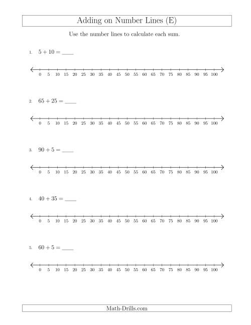 The Adding up to 100 on Number Lines with Intervals of 5 (E) Math Worksheet