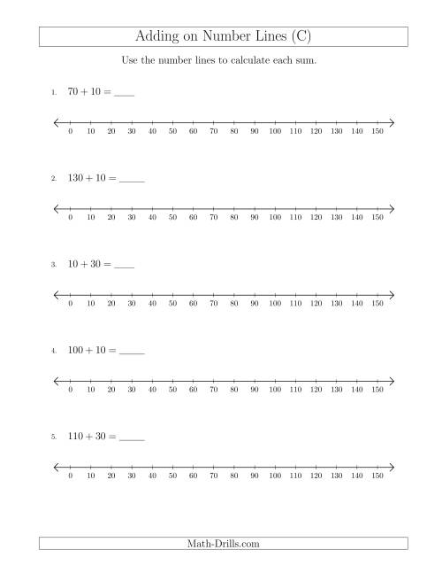 The Adding up to 150 on Number Lines with Intervals of 10 (C) Math Worksheet