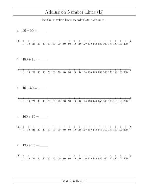 The Adding up to 200 on Number Lines with Intervals of 10 (E) Math Worksheet
