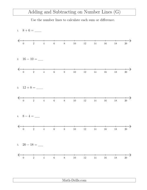 The Adding and Subtracting up to 20 on Number Lines with Intervals of 2 (G) Math Worksheet