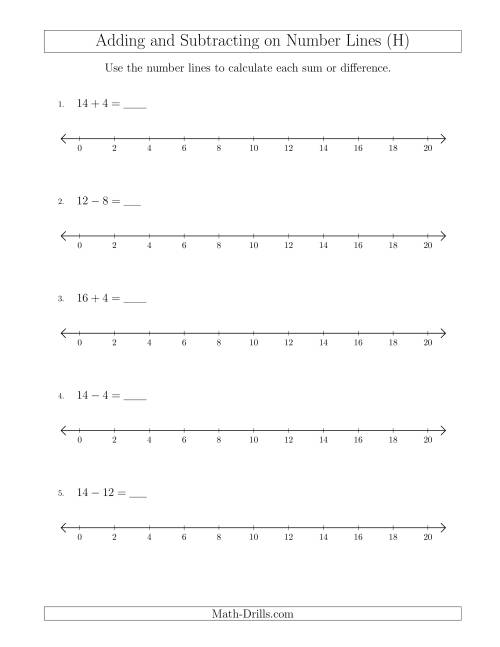 The Adding and Subtracting up to 20 on Number Lines with Intervals of 2 (H) Math Worksheet
