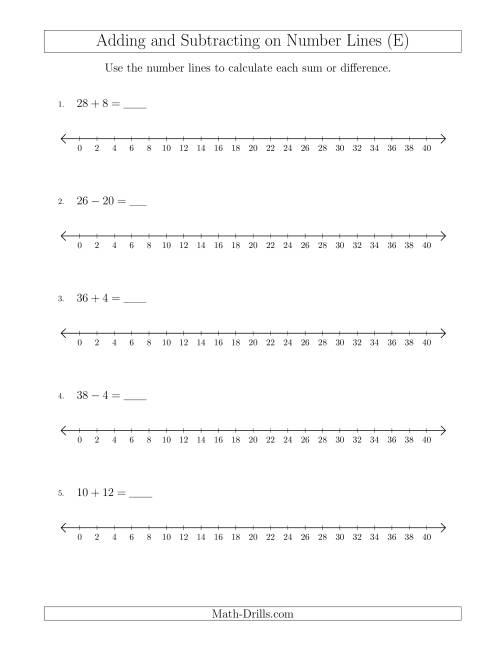 The Adding and Subtracting up to 40 on Number Lines with Intervals of 2 (E) Math Worksheet
