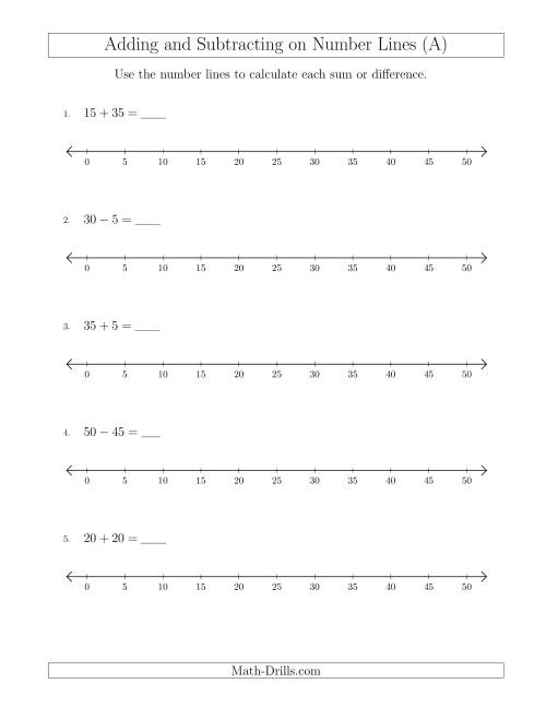 The Adding and Subtracting up to 50 on Number Lines with Intervals of 5 (A) Math Worksheet