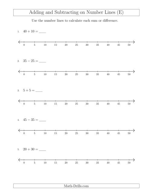 The Adding and Subtracting up to 50 on Number Lines with Intervals of 5 (E) Math Worksheet