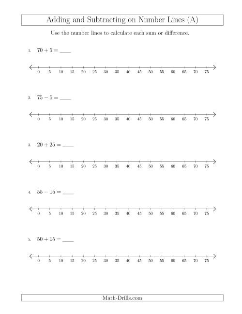 The Adding and Subtracting up to 75 on Number Lines with Intervals of 5 (A) Math Worksheet