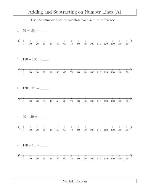 The Adding and Subtracting up to 150 on Number Lines with Intervals of 10 (A) Math Worksheet