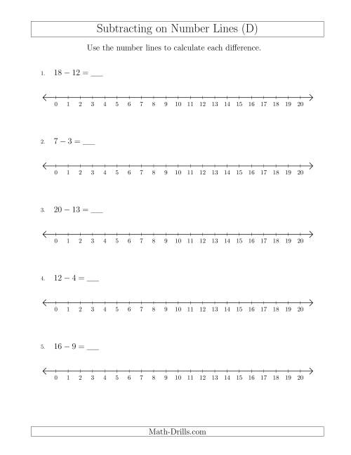 The Subtracting from Minuends up to 20 on Number Lines with Intervals of 1 (D) Math Worksheet