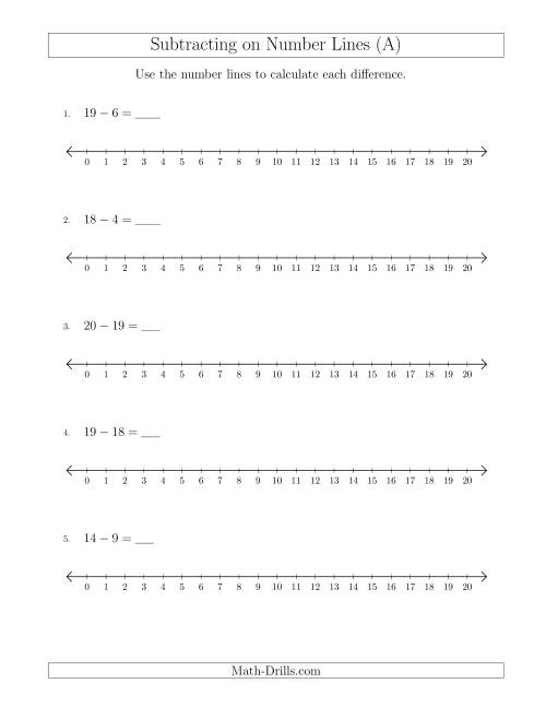 The Subtracting from Minuends up to 20 on Number Lines with Intervals of 1 (All) Math Worksheet