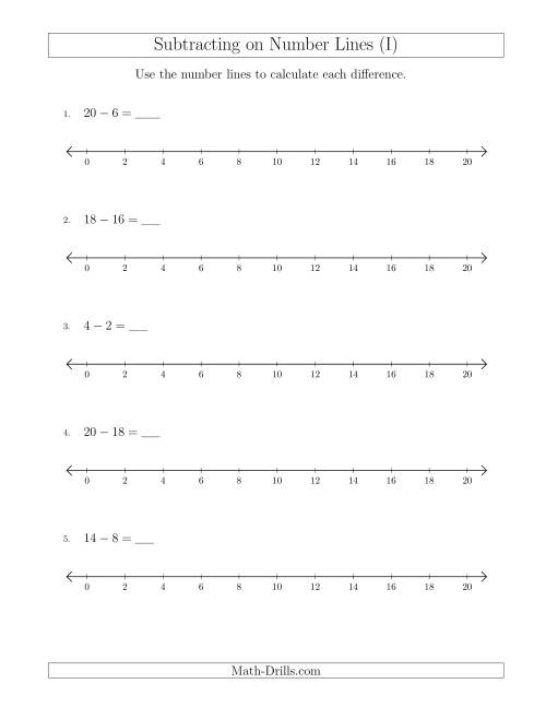 The Subtracting from Minuends up to 20 on Number Lines with Intervals of 2 (I) Math Worksheet