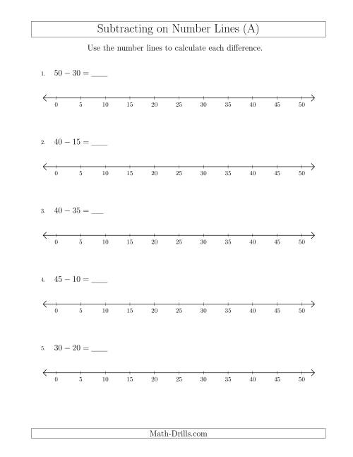 The Subtracting from Minuends up to 50 on Number Lines with Intervals of 5 (A) Math Worksheet