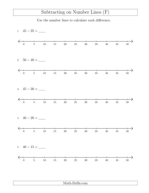 The Subtracting from Minuends up to 50 on Number Lines with Intervals of 5 (F) Math Worksheet