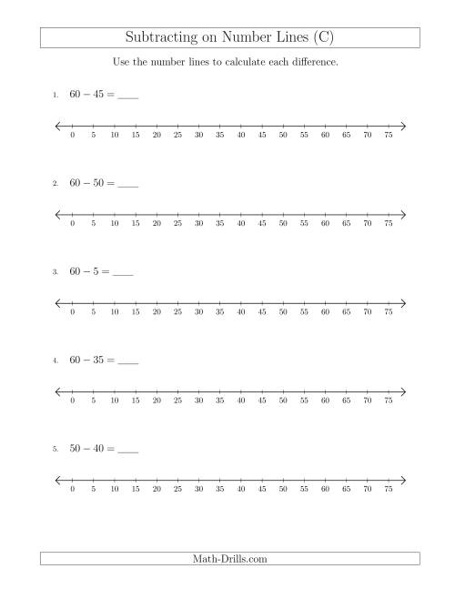 The Subtracting from Minuends up to 75 on Number Lines with Intervals of 5 (C) Math Worksheet