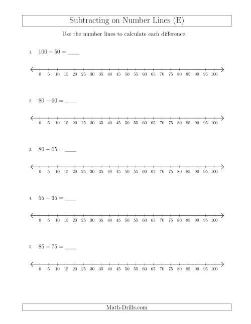 The Subtracting from Minuends up to 100 on Number Lines with Intervals of 5 (E) Math Worksheet