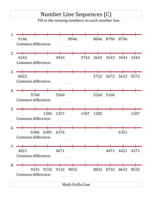 The Decreasing Number Line Sequences with Missing Numbers (Max. 10000) with Custom Common Differences (C) Math Worksheet