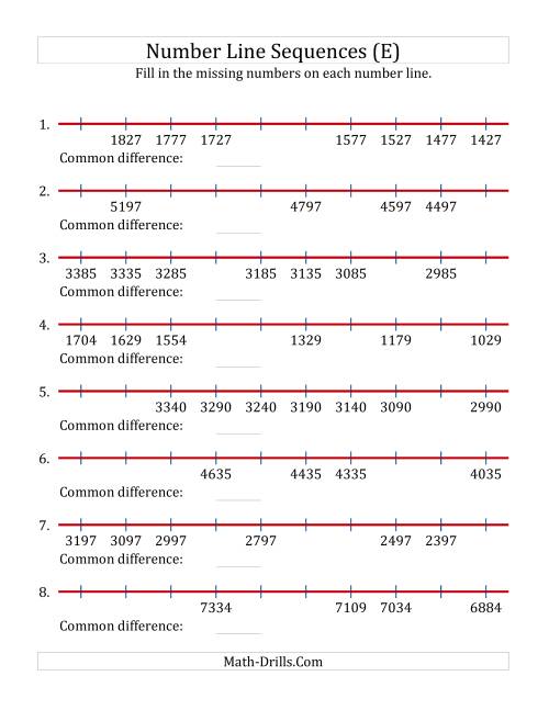 The Decreasing Number Line Sequences with Missing Numbers (Max. 10000) with Custom Common Differences (E) Math Worksheet
