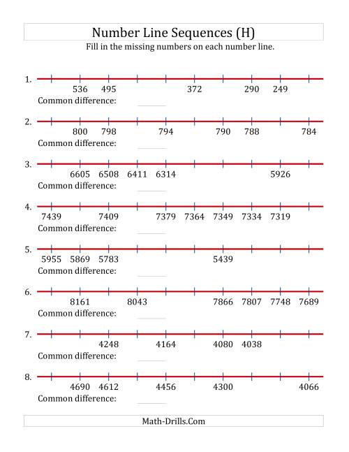 The Decreasing Number Line Sequences with Missing Numbers (Max. 10000) (H) Math Worksheet
