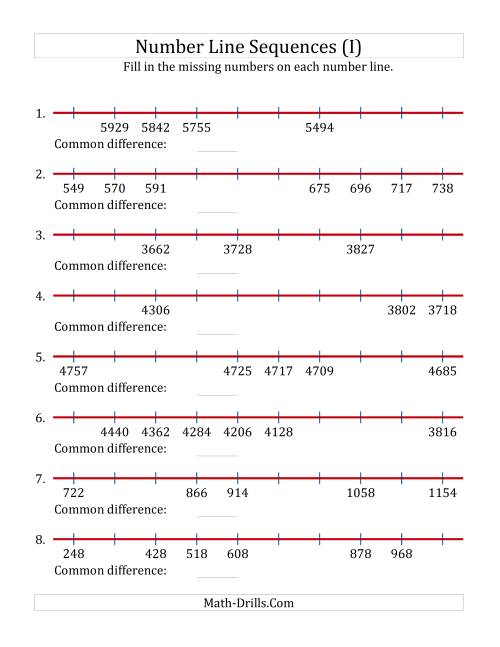 The Increasing and Decreasing Number Line Sequences with Missing Numbers (Max. 10000) (I) Math Worksheet
