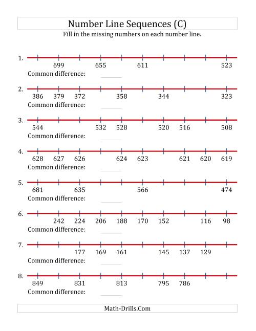 The Decreasing Number Line Sequences with Missing Numbers (Max. 1000) (C) Math Worksheet