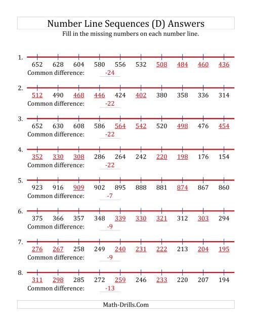 The Decreasing Number Line Sequences with Missing Numbers (Max. 1000) (D) Math Worksheet Page 2