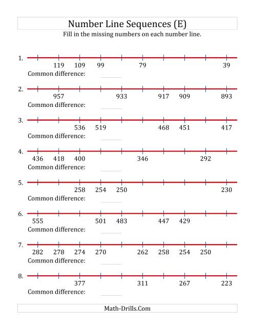 The Decreasing Number Line Sequences with Missing Numbers (Max. 1000) (E) Math Worksheet